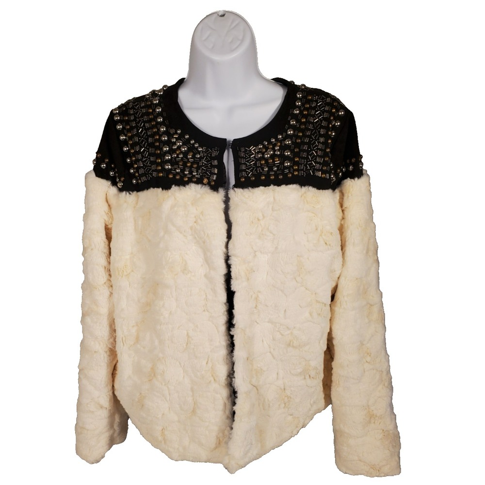 Skies are Blue‎ Women's L Faux Fur Studded Jacket White/ Black Soft